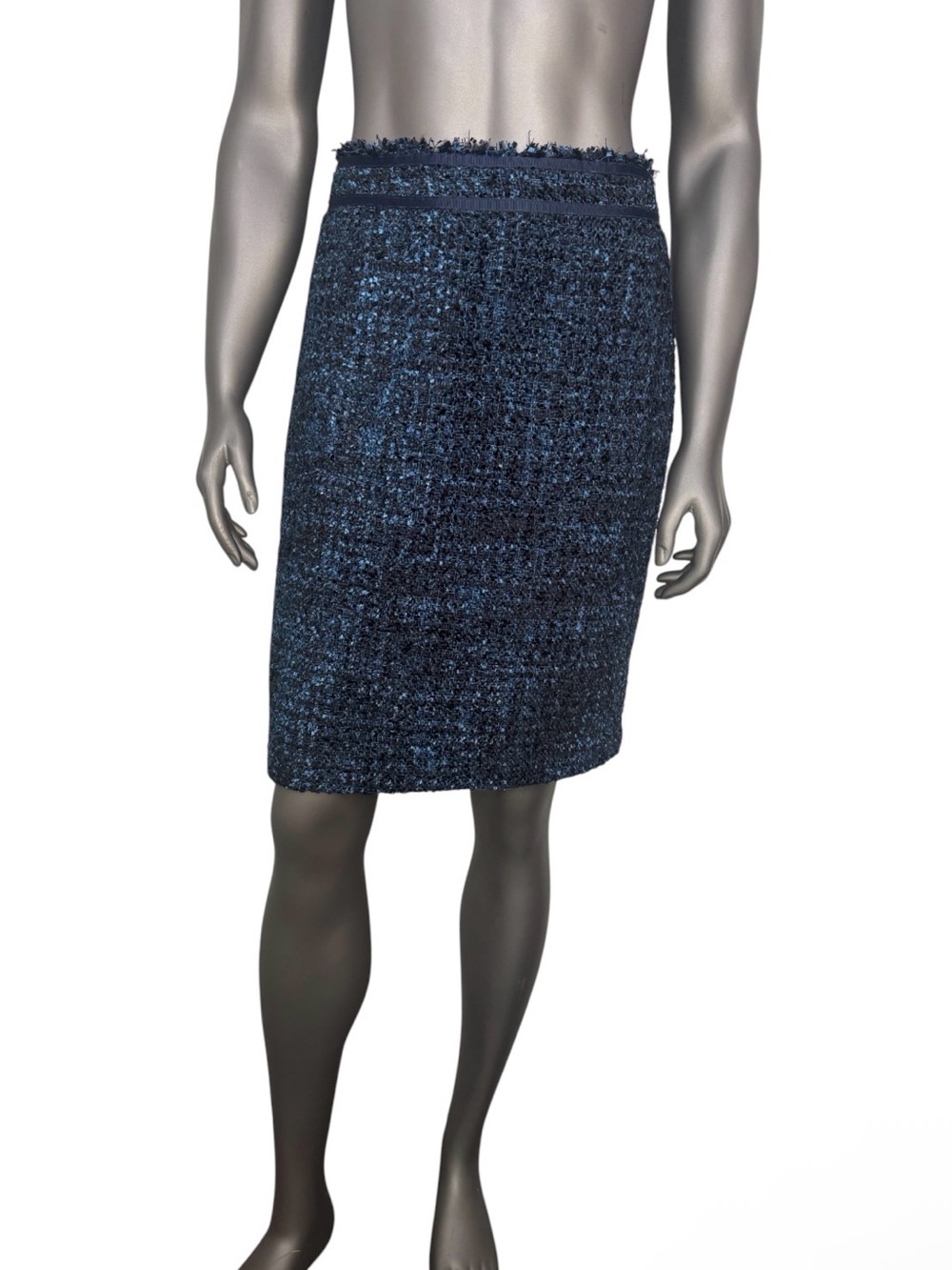 J McLaughlin Tweed Skirt Women 8 Blue Pencil Straight Fringe FLAWED Knee Length